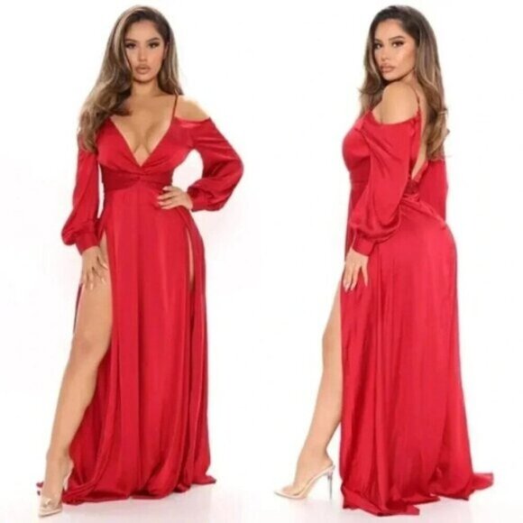 NWT Fashion Nova Mansion Dinner Party Satin  Gown Wine Burgundy Maxi Dress XS - Picture 1 of 11
